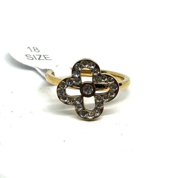 Gold Tone Crystal Rhinestone Clover Stainless Steel Fashion Ring SZ 7 - Picture 2 of 9